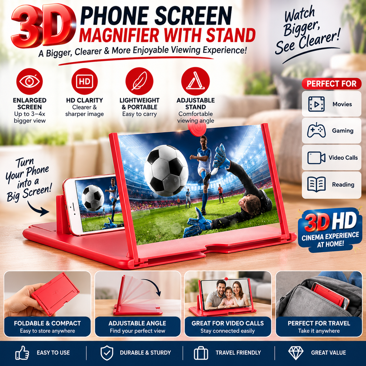3D Phone Screen Magnifier with Stand