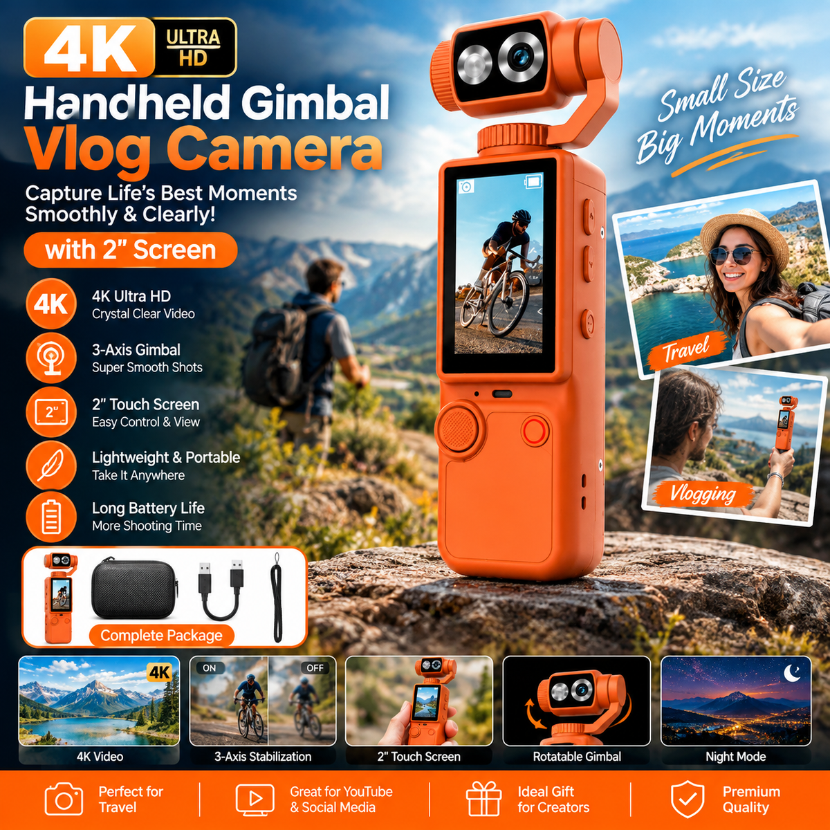 4K Handheld Gimbal Vlog Camera with 2" Screen