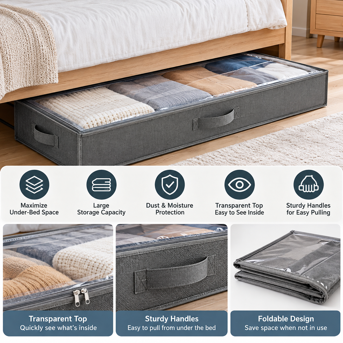 Foldable Under-Bed Storage Box with Clear Top