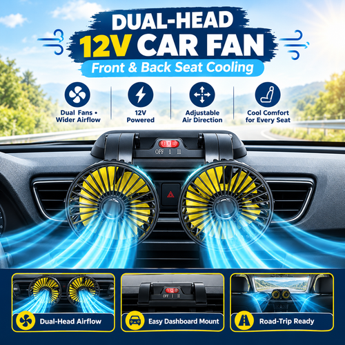Dual-Head 12V Car Fan – Front & Back Seat Cooling