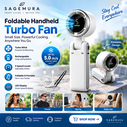 Foldable Handheld Turbo Fan – Rechargeable
