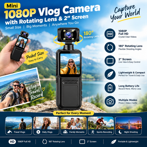 Mini 1080P Vlog Camera with Rotating Lens & 2" Screen