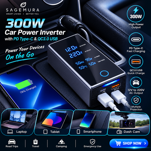 300W Car Power Inverter with PD Type-C & QC3.0 USB