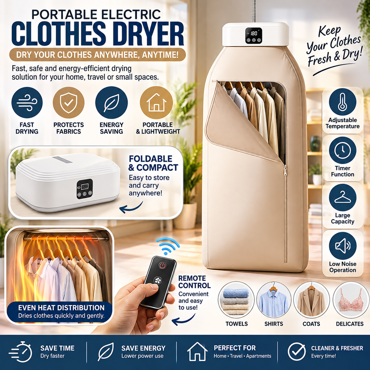 Portable Electric Clothes Dryer – Foldable with Timer