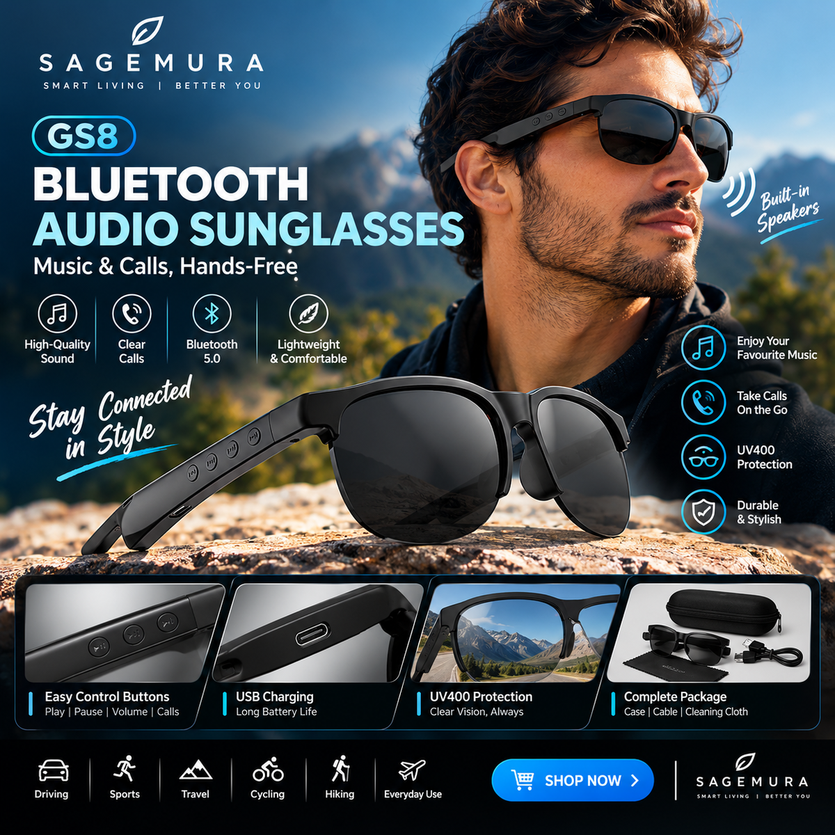 GS8 Bluetooth Audio Sunglasses – Music & Calls