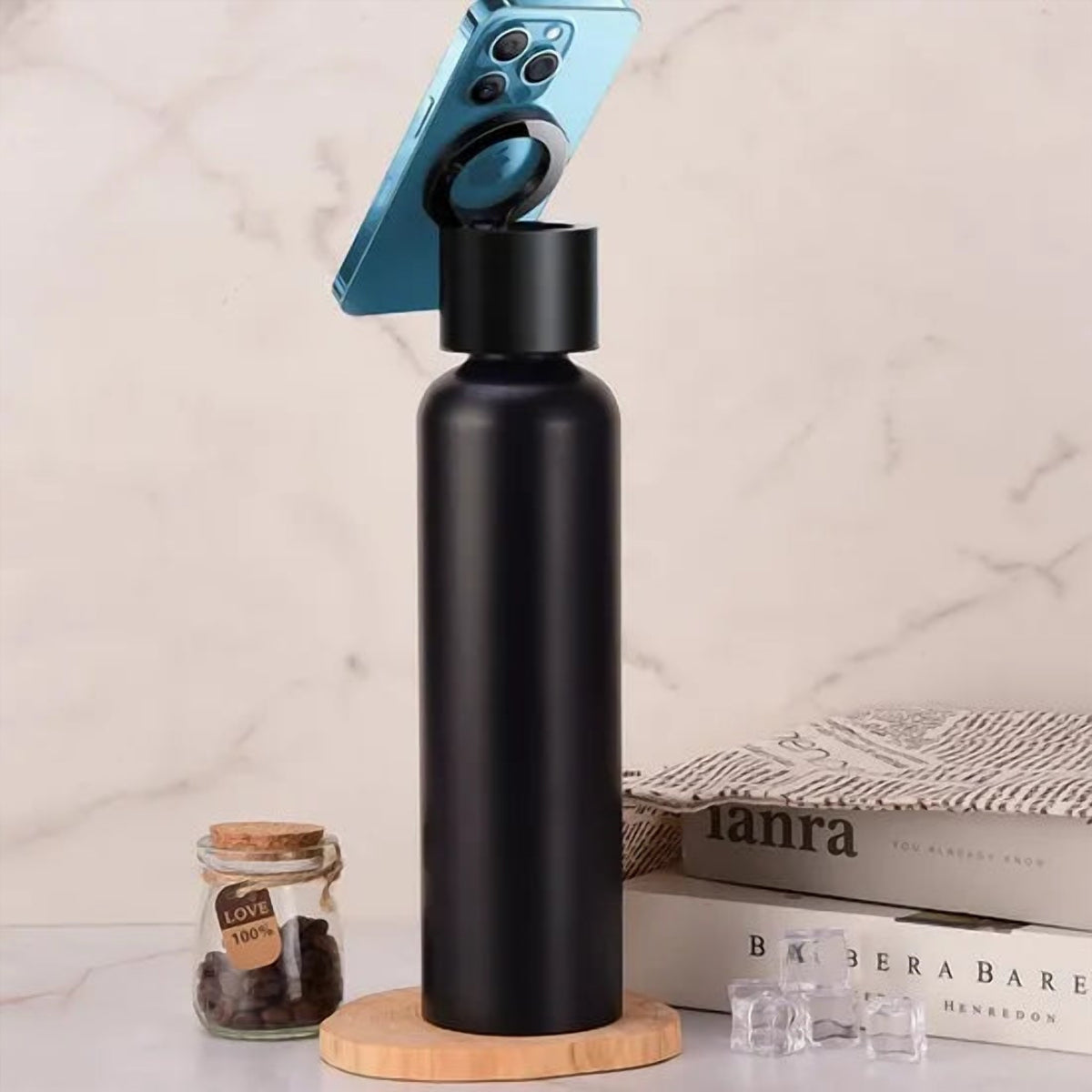 Insulated Water Bottle with Phone Holder Lid